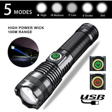 Load image into Gallery viewer, Adjustable Rechargeable Waterproof LED Flashlights Rechargeable High Lumens Torchlight Zoomable Torch USB Charging Waterproof 5 Modes With Power Display For Camping Hiking Outdoor Emergency