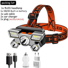 Load image into Gallery viewer, Adjustable USB Rechargeable Torch Lamp Built-in Battery 5 Led Strong Headlight Waterproof Rechargeable Super Bright Head-Mounted Flashlight For Outdoor Night Camping