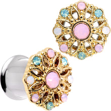 Load image into Gallery viewer, Pink Green White Gem Glam Flower Double Flare Tunnel Plug Set