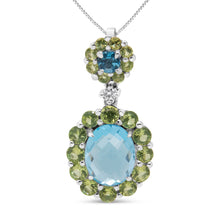 Load image into Gallery viewer, 18k White Gold 0.05 Cttw Round Diamond and Blue Topaz and Green Peridot Gemstone Halo Drop 18" Pendant Necklace (F-G Color, VS1-VS2 Clarity)