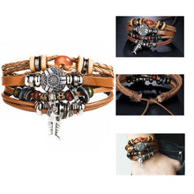将图片加载到图库查看器,BOHO Tibet Stone Feather Multilayer Leather Bracelet Eye Fish Charms Beads Bracelets For Men Vintage Punk Wrap Wristband Cool Jewelry