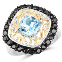 Load image into Gallery viewer, Two Tone Plated 2.85 Carat Genuine Swiss Blue Topaz and Black Spinel .925 Sterling Silver Ring