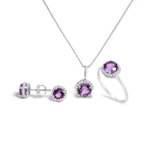 Load image into Gallery viewer, 10K White Gold Purple Amethyst and 3/8 Cttw Diamond Halo Jewelry Set (Earrings, Pendant & Ring)