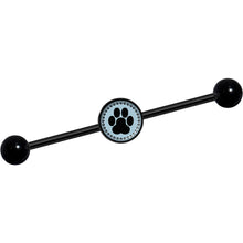 Load image into Gallery viewer, 14G Black on Blue Paw Print Black Industrial Barbell 37mm