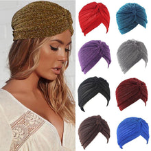 将图片加载到图库查看器,Autumn Winter Warm Headwear Soft Shine Silver Gold Lightweight Knot Twist Turban Headbands Cap Casual Streetwear Hats For Women