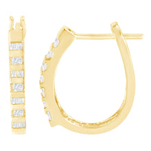 将图片加载到图库查看器,10K Yellow Gold Round and Baguette Cut Diamond Oblong Hinged Leverback Hoop Earrings (¼ Cttw, I-J Color, I2-I3 Clarity)