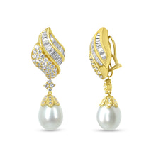Load image into Gallery viewer, 18k Yellow Gold 7.0 Cttw Baguette and Round Diamond South Sea Pearl Drop Dangle Clip-On Earrings (F-G Color, VS1-VS2 Clarity)