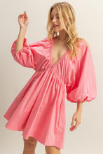 Load image into Gallery viewer, Plunge Balloon Sleeve Poplin Mini Dress with Pockets –Bold, Chic, Sexy and Trendy Plunge Neckline Dress with Balloon Sleeves and Functional Pockets