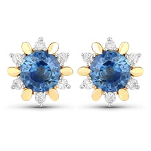 Load image into Gallery viewer, 1.87 Carat Genuine Blue Sapphire and White Diamond 14K Yellow Gold Earrings
