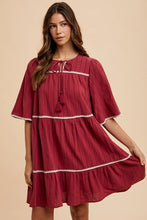 将图片加载到图库查看器,Tassel Contrast Trim Tie Neck Half Sleeve Tiered Dress – Bohemian-Inspired Dress with Tassel Details, Adjustable Tie Neck, and Tiered Design for a Flowing, Feminine Silhouette
