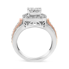 将图片加载到图库查看器,14K White and Rose Gold 1 1/8 Cttw Princess and Round-Cut Diamond Art Deco Style Triple Shank Halo Cocktail Ring (I-J Color, SI2-I1 Clarity) - Size 7
