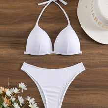 将图片加载到图库查看器,Bikini Rib Knit Solid Color Triangle 2 Piece Swimsuit for Women – Adjustable Tie Back Halter Bikini Set with Spaghetti Straps – High Stretch Polyester Swimwear for Summer Beachwear Poolside Relaxation and Tropical Vacation