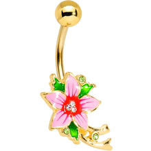 Load image into Gallery viewer, Green Clear Gem Pink Bashful Hibiscus Flower Belly Ring
