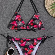 Load image into Gallery viewer, Sunset Bloom 2-Piece Triangle Bikini Set for Women – Vibrant Random Floral Print Halter Neck Swimsuit with Tie-Back Tie-Side Bottoms & High Cut Legs – Women's High-Stretch Swimwear for Summer Beach Escapes