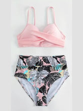 Load image into Gallery viewer, Tropical Vibe High Waist Bikini Set – Flirty V-Neck Swimsuit with Layered Colorblock High Cut Bottom Crisscross Strap Detail & Ultra-Stretch Comfort – Women's Two Piece Swimwear for Summer Beach Pool & Vacation Fun