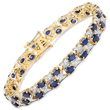 将图片加载到图库查看器,14K Yellow Gold Plated 12.53 Carat Genuine Blue Sapphire and White Diamond .925 Sterling Silver Bracelet
