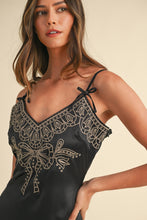 Load image into Gallery viewer, Embroidered Cami Satin Midi Slit Dress โ Satin Dress, Sexy, Flattering, Embroidered Dress, Cami Style Dress, Midi Dress, Slit Detail Dress, Elegant Satin Dress