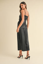 Load image into Gallery viewer, Embroidered Cami Satin Midi Slit Dress โ Satin Dress, Sexy, Flattering, Embroidered Dress, Cami Style Dress, Midi Dress, Slit Detail Dress, Elegant Satin Dress