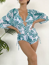 Load image into Gallery viewer, Island Bloom 3-Piece Bikini Set for Women – Tropical Leaf Print Fluttering Swimwear with Flattering Halter Neck Top High Waist Bottoms & Adjustable Drawstring Cover Up – Perfect for Koningsdag Celebrations & Summer Adventures