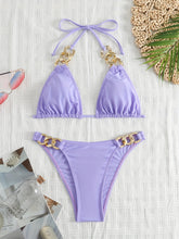 Load image into Gallery viewer, Luxe Chain Link Triangle Halter Bikini Set – Chic V Neck 2 Piece Swimsuit with Lace-Up Tie Back High Stretch Nylon Blend and Sleek Solid Color Finish – Women's Elegant Swimwear for Summer Beach & Pool Style