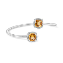 Load image into Gallery viewer, .925 Sterling Silver 8mm Cushion Cut Yellow Citrine Gemstone and Diamond Accent Split Bypass Bangle Bracelet (H-I Color, SI1-SI2 Clarity) - Fits up to 7.75" Inches