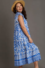 Load image into Gallery viewer, Blue Full Size Two-Tone Print Ruffle Cap Sleeve Midi Dress Plus Size Statement Piece Dress