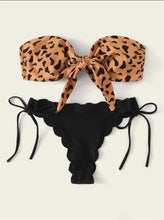 Load image into Gallery viewer, Beach Bikini Woman Lace Up Tie Strapless Leopard Swimsuit Women's Halter Bikini V Cut Bottom Lace Up Two Piece Swimsuits Female Push Up Ruffled Bow Bathing Suit Thong Swimwear