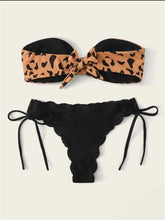 Load image into Gallery viewer, Beach Bikini Woman Lace Up Tie Strapless Leopard Swimsuit Women's Halter Bikini V Cut Bottom Lace Up Two Piece Swimsuits Female Push Up Ruffled Bow Bathing Suit Thong Swimwear