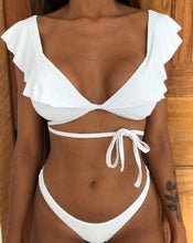 Load image into Gallery viewer, Beach Bikini Woman Lace Up Tie Strapless Leopard Swimsuit Women's Halter Bikini V Cut Bottom Lace Up Two Piece Swimsuits Female Push Up Ruffled Bow Bathing Suit Thong Swimwear