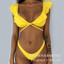 Load image into Gallery viewer, Beach Bikini Woman Lace Up Tie Strapless Leopard Swimsuit Women's Halter Bikini V Cut Bottom Lace Up Two Piece Swimsuits Female Push Up Ruffled Bow Bathing Suit Thong Swimwear