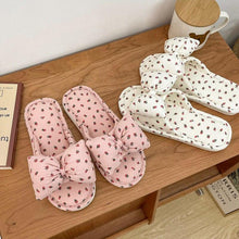 Load image into Gallery viewer, Beautiful Bow Flat Lightweight Soft Spring Autumn Women Cotton Shoes Indoor Fluffy Warm Home Comfortable High Quality Slippers Memory Foam Open Toe Slide Slippers Ribbon Strap Slip-On House Shoes