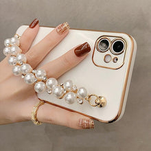 Load image into Gallery viewer, Beautiful White Pearl Chain Gold Color Plating Straight Edge Phone Case for iPhone 13 11 12 Pro Max Case for iPhone X XS MAX XR 7 8 Plus Phone Case Plating Pearl Chain Wrist Bracelet Cover