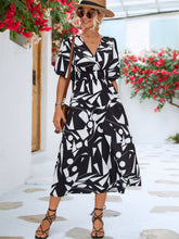 Load image into Gallery viewer, Black White Printed Balloon Sleeve Dress Elegant & Chic Casual Wear For Summer