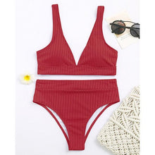 Load image into Gallery viewer, Bikini High Waist Swimwear Women's Swimsuits Push Up Ribbed Bathing Suits Black V-Neck Bikinis Set High Waist Tummy Control Bathing Suits For Women Deep V Neck Black Comfortable Beachwear