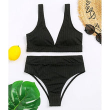 Load image into Gallery viewer, Bikini High Waist Swimwear Women's Swimsuits Push Up Ribbed Bathing Suits Black V-Neck Bikinis Set High Waist Tummy Control Bathing Suits For Women Deep V Neck Black Comfortable Beachwear