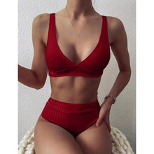 Load image into Gallery viewer, Bikini High Waist Swimwear Women's Swimsuits Push Up Ribbed Bathing Suits Black V-Neck Bikinis Set High Waist Tummy Control Bathing Suits For Women Deep V Neck Black Comfortable Beachwear