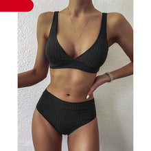 Load image into Gallery viewer, Bikini High Waist Swimwear Women's Swimsuits Push Up Ribbed Bathing Suits Black V-Neck Bikinis Set High Waist Tummy Control Bathing Suits For Women Deep V Neck Black Comfortable Beachwear