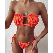 将图片加载到图库查看器,Bikini Pleated Swimsuit Female Swimwear Women's Ruffle Tie Side Bikini Set High Cut Strapless Padded Solid Bathing Suit Women Mini Thong Bikini Set Bather Swimming Beachwear For Bathing Suit