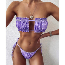 将图片加载到图库查看器,Bikini Pleated Swimsuit Female Swimwear Women's Ruffle Tie Side Bikini Set High Cut Strapless Padded Solid Bathing Suit Women Mini Thong Bikini Set Bather Swimming Beachwear For Bathing Suit