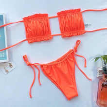 将图片加载到图库查看器,Bikini Pleated Swimsuit Female Swimwear Women's Ruffle Tie Side Bikini Set High Cut Strapless Padded Solid Bathing Suit Women Mini Thong Bikini Set Bather Swimming Beachwear For Bathing Suit