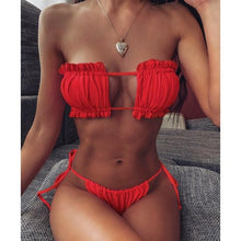 将图片加载到图库查看器,Bikini Pleated Swimsuit Female Swimwear Women's Ruffle Tie Side Bikini Set High Cut Strapless Padded Solid Bathing Suit Women Mini Thong Bikini Set Bather Swimming Beachwear For Bathing Suit