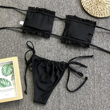将图片加载到图库查看器,Bikini Pleated Swimsuit Female Swimwear Women's Ruffle Tie Side Bikini Set High Cut Strapless Padded Solid Bathing Suit Women Mini Thong Bikini Set Bather Swimming Beachwear For Bathing Suit