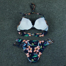 Load image into Gallery viewer, Bikini Push Up New Swimwear Women Print Floral Bikinis Set Swimsuit Bathing Suit Two Piece Summer Beach Wear Floral Leaf Print Bikini Set Padded Lace Up Straps Bikini Beach Swimsuit