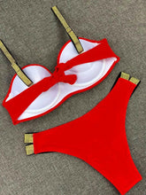 Load image into Gallery viewer, Bikini Sets Solid Color Swimsuit Mid-Waist Gather Cup Bikinis Women Swimwear Female Bathing Suits Beach wear Two Piece Swimsuits Triangle Bikini swimsuits for Women