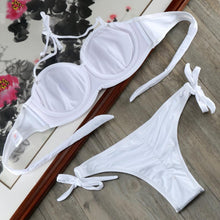 Load image into Gallery viewer, Bikini Solid Strappy Bandage Bikinis Set White Push Up Bikini Swimwear Swimsuit Bathing Suit Women's Ribbed Tie Bikini Adjustable Lace Up Bottom String Women Swimsuit