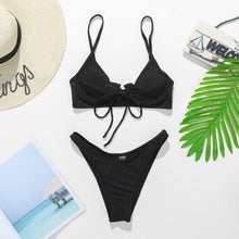 将图片加载到图库查看器,Bikini Swimwear Women Green Swimsuits Bathing Suit Beachwear Women's Ribbed Braided String Bikini Lace Up Swimsuit Square Collar High Cut Bathing Suit