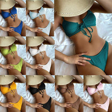 将图片加载到图库查看器,Bikini Swimwear Women Green Swimsuits Bathing Suit Beachwear Women's Ribbed Braided String Bikini Lace Up Swimsuit Square Collar High Cut Bathing Suit