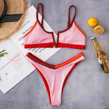 Load image into Gallery viewer, Bikinis Ribbed Swimwear Women's Swimsuit Push Up Bathing Suit Solid Patchwork High Cut Bikini Set Women Padded Push up Bikini Set Halter Two Piece Cross Top Swimsuit Patchwork Bathing Suit