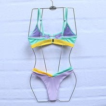 Load image into Gallery viewer, Bikinis Ribbed Swimwear Women's Swimsuit Push Up Bathing Suit Solid Patchwork High Cut Bikini Set Women Padded Push up Bikini Set Halter Two Piece Cross Top Swimsuit Patchwork Bathing Suit