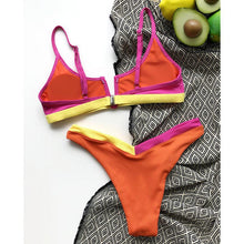 Load image into Gallery viewer, Bikinis Ribbed Swimwear Women's Swimsuit Push Up Bathing Suit Solid Patchwork High Cut Bikini Set Women Padded Push up Bikini Set Halter Two Piece Cross Top Swimsuit Patchwork Bathing Suit